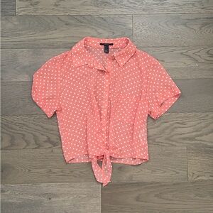 peach vintage forever 21 white polka dot tie sheer collar neck top